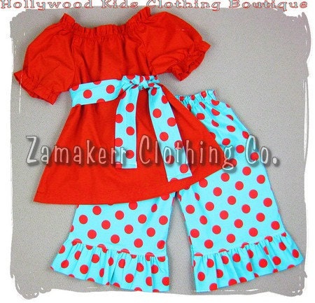 Custom Boutique Girl Clothing Red Peasant Dress Top Polka Dot Ruffled Pant Outfit Set 3 6 9 12 18 24 month size 2T 2 3T 3 4T 4 5T 5 6 7 8