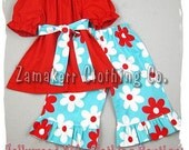 Custom Boutique Clothing Peasant Dress Top Aqua Plain Jane Floral Ruffle Pant Outfit Set 3 6 9 12 18 24 month size 2T 2 3T 3 4T 4 5T 5 6 7 8