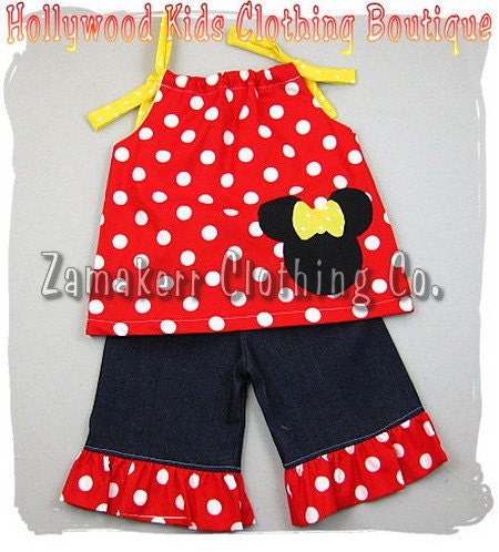 Custom Boutique Clothing Red Polka Dot Minnie Mouse Top Denim Ruffle Pant Outfit Set 3 6 9 12 18 24 month 2T 2 3T 3 4T 4 5T 5 6 7 8