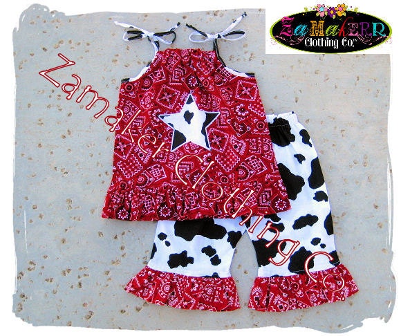 Girl Cow Outfit Pant Set - Girl Cow Birthday Party - Cow N Bandana Top Ruffle Pant Set 3 6 9 12 18 24 month size 2t 2 3t 3 4t 4 5t 5 6 7 8