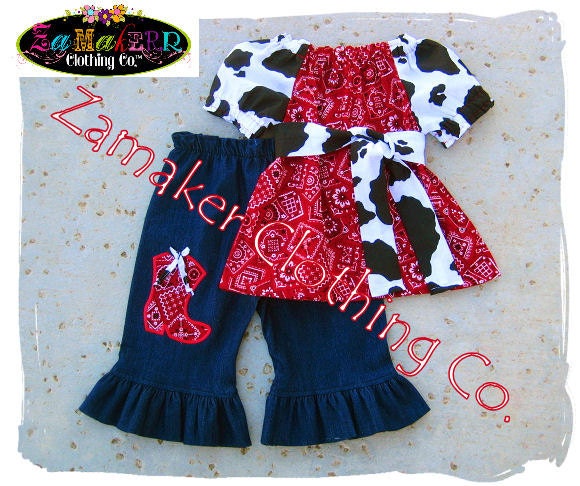 Girl Cow Denim Outfit Set - Girl Farm Birthday Party - Cow N Bandana Top Denim Pant Set 3 6 9 12 18 24 month size 2t 2 3t 3 4t 4 5t 5 6 7 8