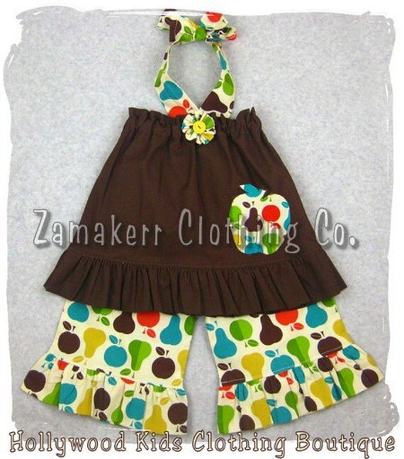 Custom Boutique Clothing Brown Pillowcase Dress Top Pear Fruit Ruffle Pant Outfit Set 3 6 9 12 18 24 month size 2T 2 3T 3 4T 4 5T 5 6 7 8