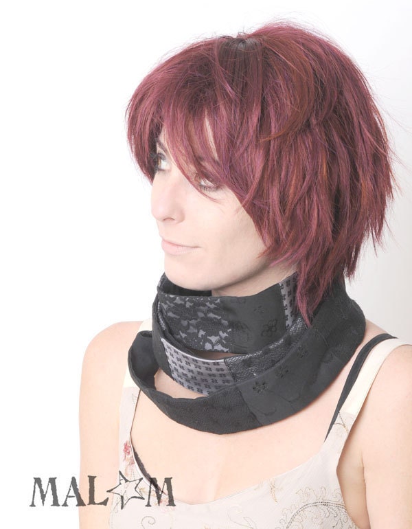 Womens Infinity Scarf -  Black skinny scarf - Patched Black and Grey - Extra Long