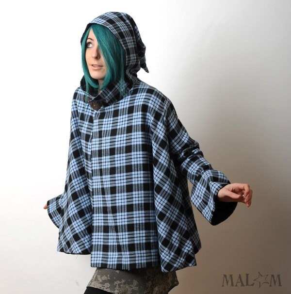 Blue hooded cape coat with goblin hood and flared sleeves - Light blue and grey plaid cape - sz S-M