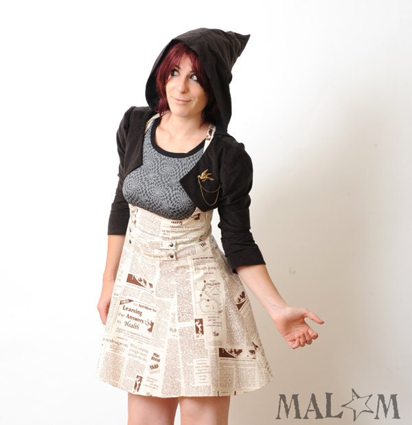 High waisted skirt with suspenders - Newspaper print - sz M - Paneled underbust jumper skirt