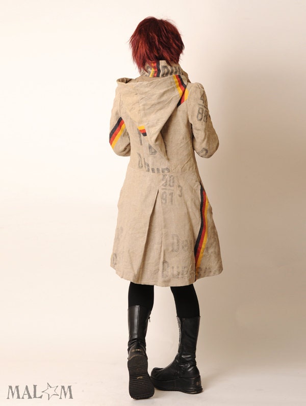 Repurposed Clothing - Recycled Coat with Goblin Hood and tall collar - Repurposed German postal bags - Eco fashion