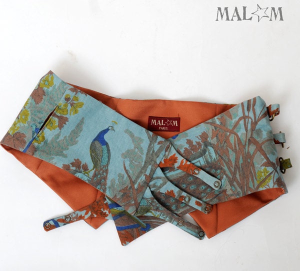 Peacock print belt - blue and burnt orange with snaps - couture - spring accessory - sz S