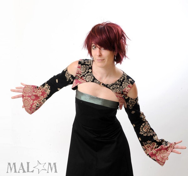 Versatile Bolero in Pink and Black milleraies velvet with removable sleeves - Transformable clothing - Sz M