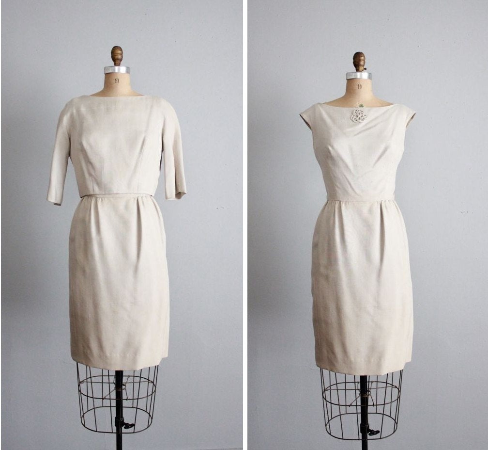 1950s vintage Miss Bergdorf silk taupe dress set