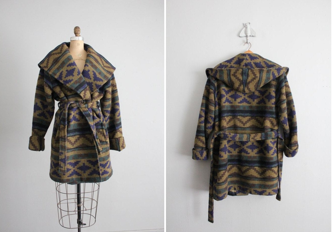 1980s vintage southwestern wool hooded wrap coat