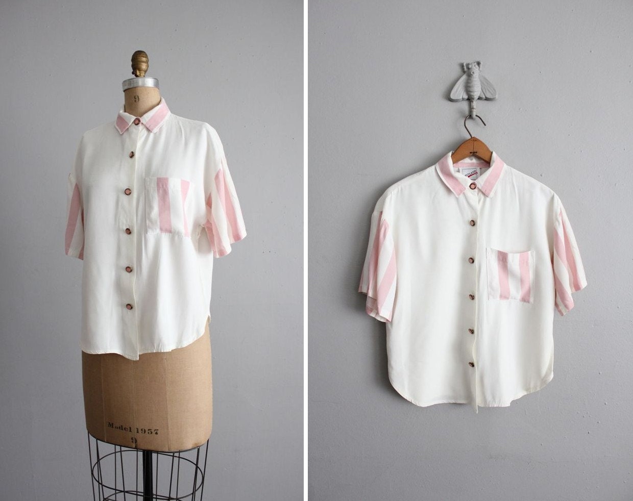 vintage pink stripe color block pocket blouse