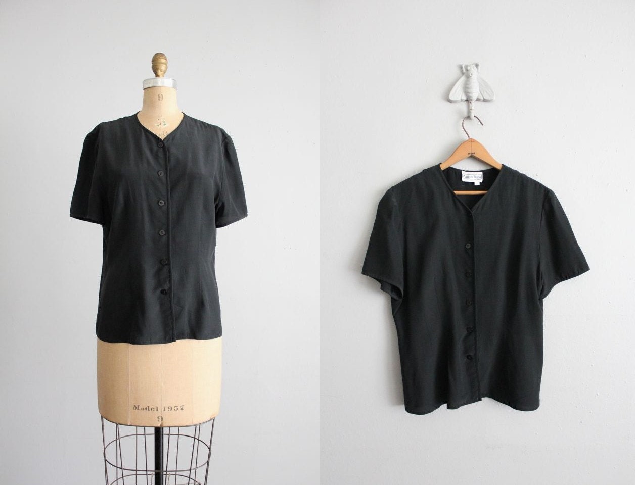 vintage black silk button blouse
