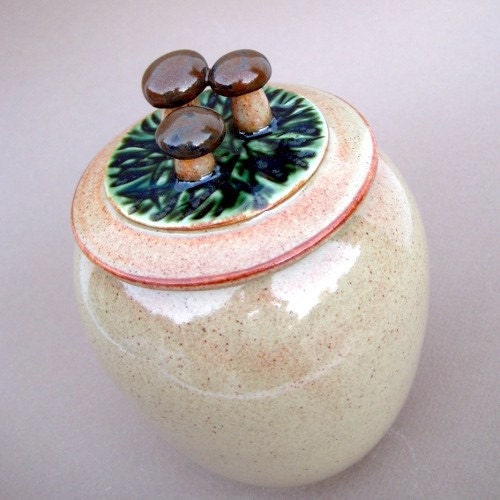 Mushrooms in the Sun Oatmeal Ginger Jar - Handmade stoneware pottery