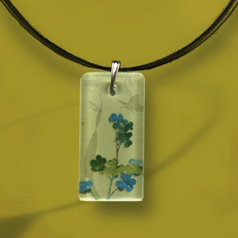 Lucky Clover Glass Tile Necklace - Reversible Glass Art - GeoForms-- Sage Turquoise Clover