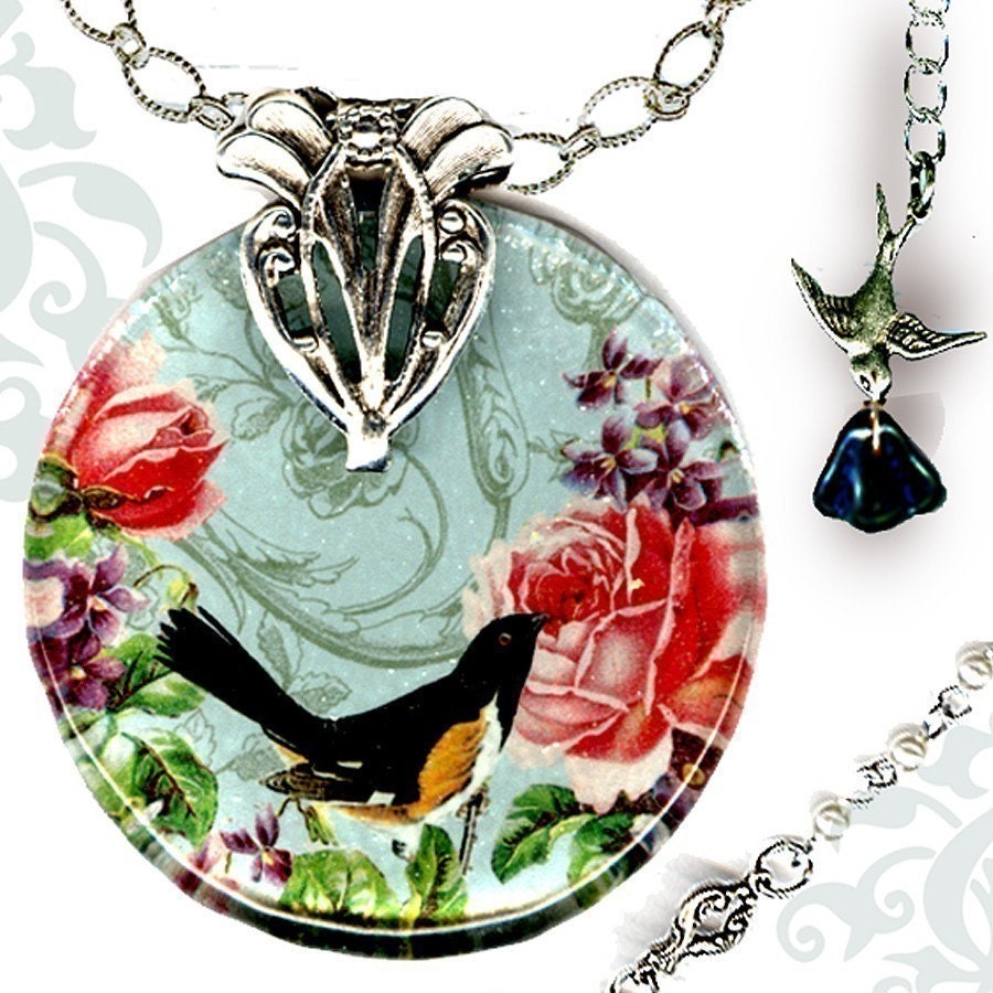 Shabby Chic Bird Garden - Reversible Glass Art - Victorian Collection - Time to Smell the Roses