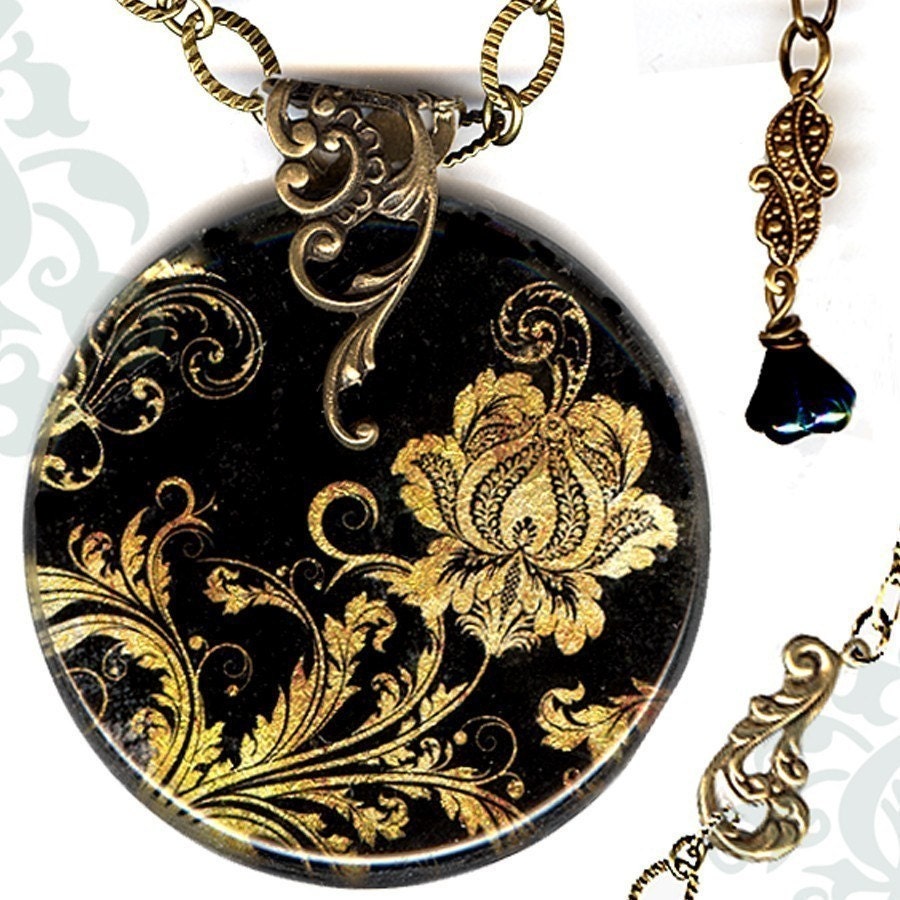 Ebony Metallic Paisly Necklace - Reversible Glass Art - Voyageur SHIMMERZ -The Alhambra Collection - Ebony Elegance