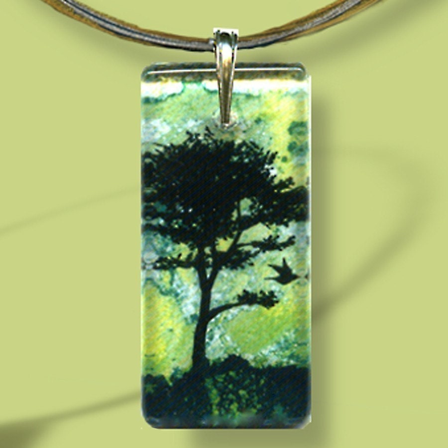 Spring Green Tree  Necklace -  Two Sided Glass Art - GeoForms Glass