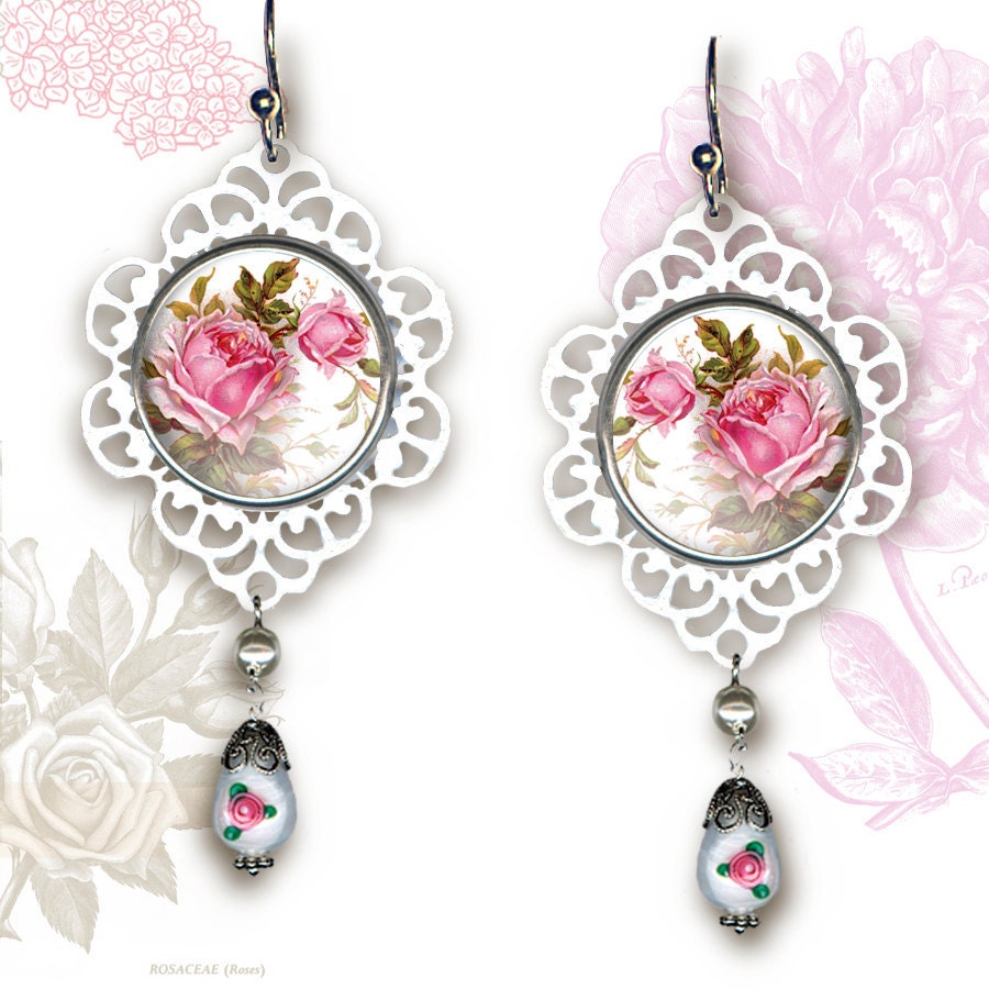 Shabby Chic  Rose Earrings - Botanicalz - Shabby Chic Collection -  Soft Pink Rose