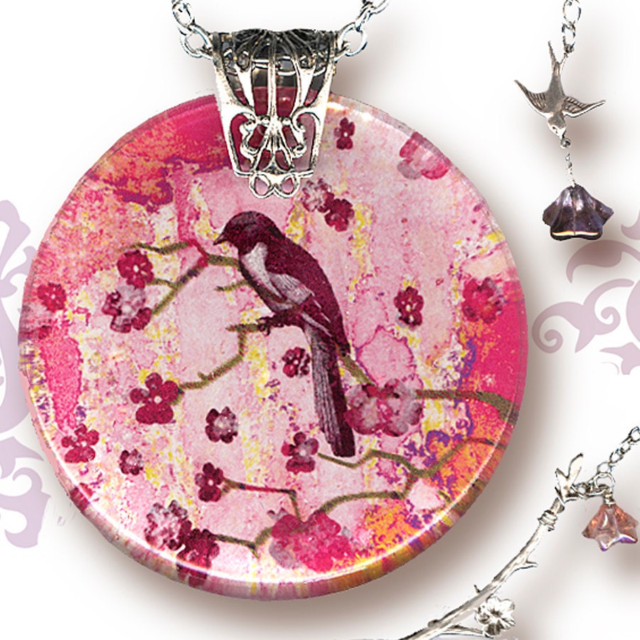 Cherry Blossom Necklace - Reversible Glass Art - Voyageur- Imperial Garden Collection -Sakura Blossoms and the Bird
