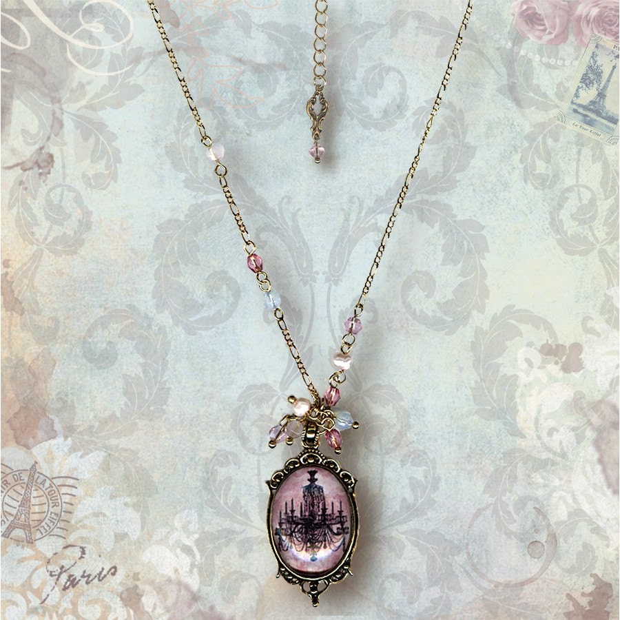 Pink Chandelier Necklace- Glass Frame - Vintage Paris Fashion - Salon De Paris Petite Chandelier