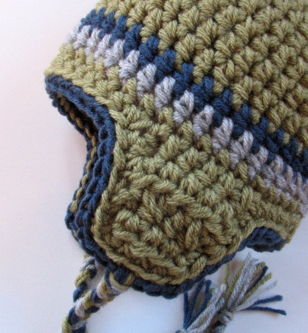 Childs Hat Kids Hat Boys Hat Toddler Hat Aviator Beanie Hat Earflaps Tassels  Green Gray Blue  12 to 36 months