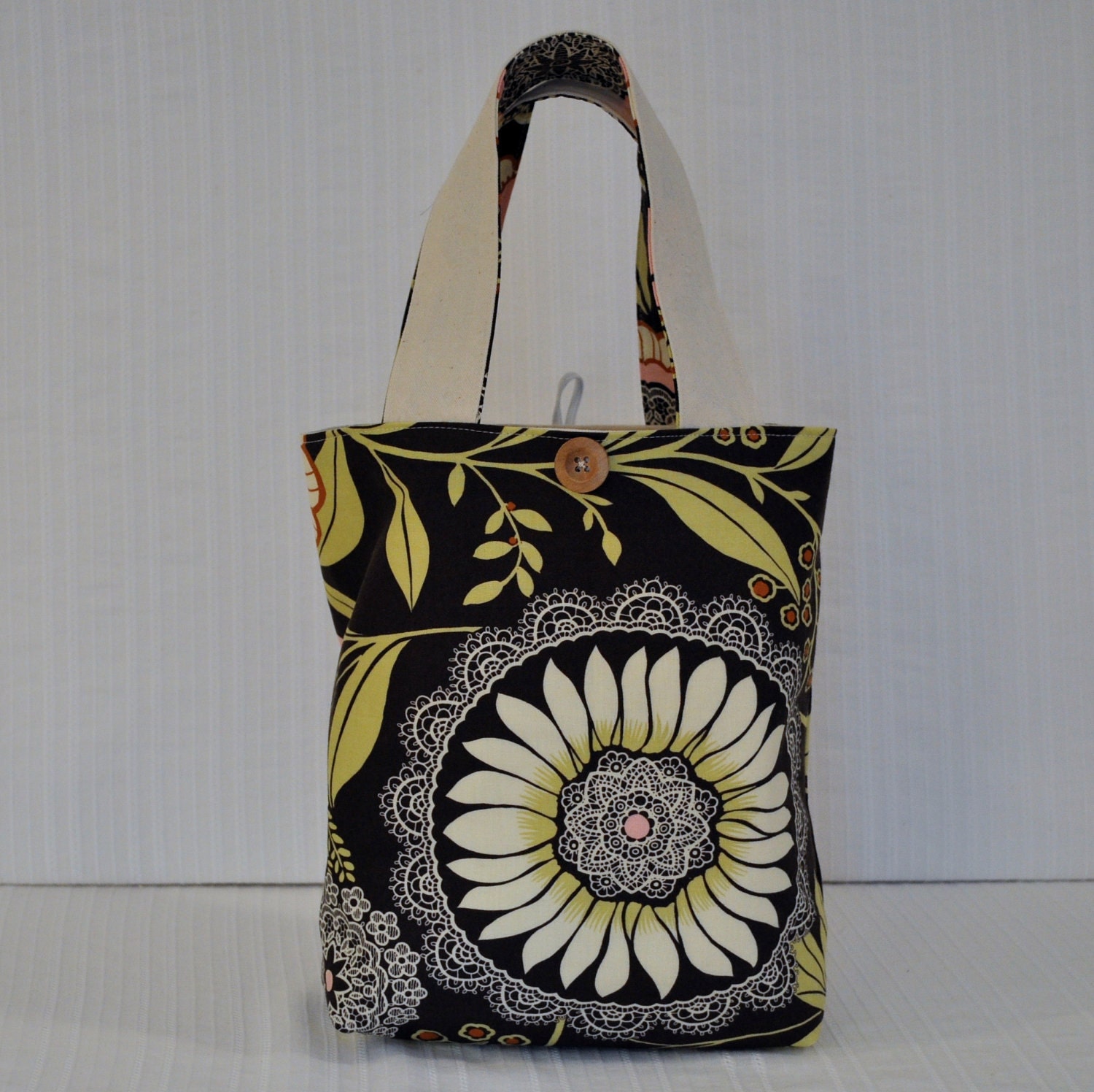 Lunch Bag in Olive Lace - Green, Brown and Pink Mini Tote