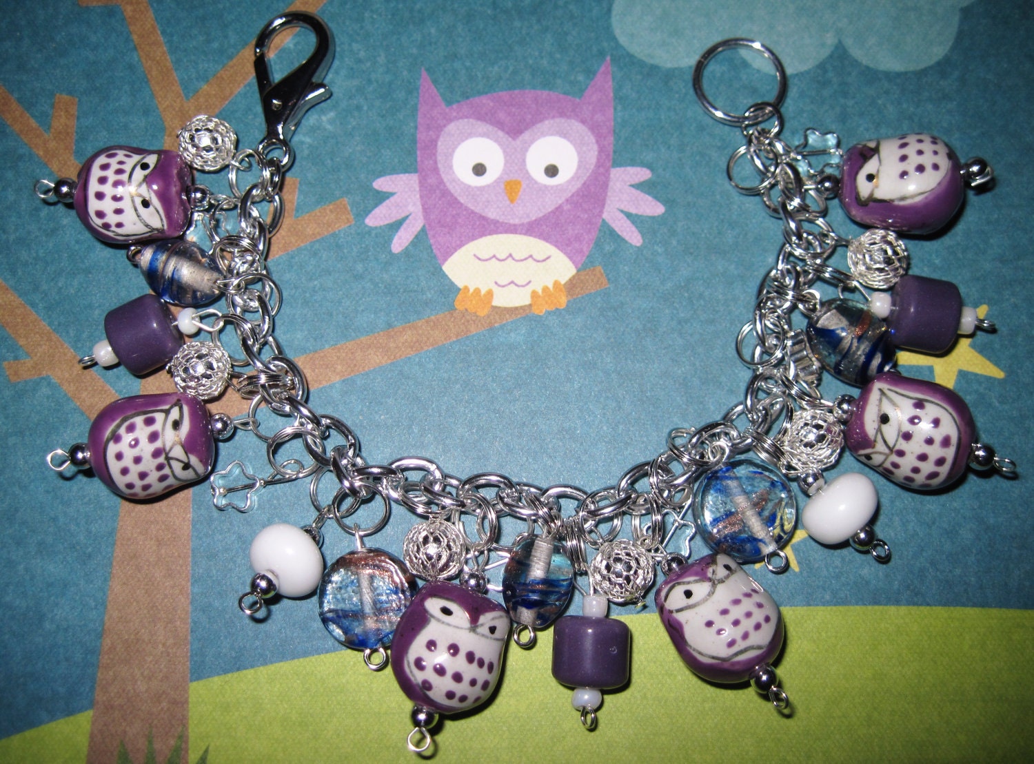 Owl Charm Bracelet Porcelain Beads Spooky Cute Birds Halloween Jewelry OOAK Eclectic Statement Piece