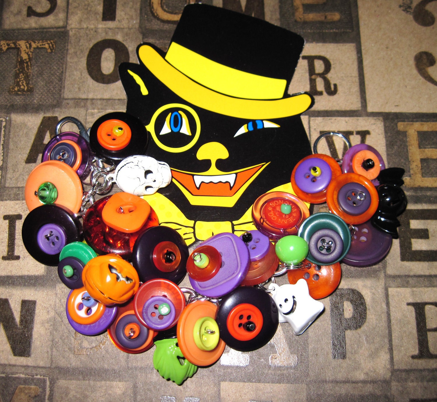 Halloween Jewelry Button Charm Bracelet Jingles OOAK Vintage Style Statement Piece Spooky Cute Witch Skull Bat JOL Ghost