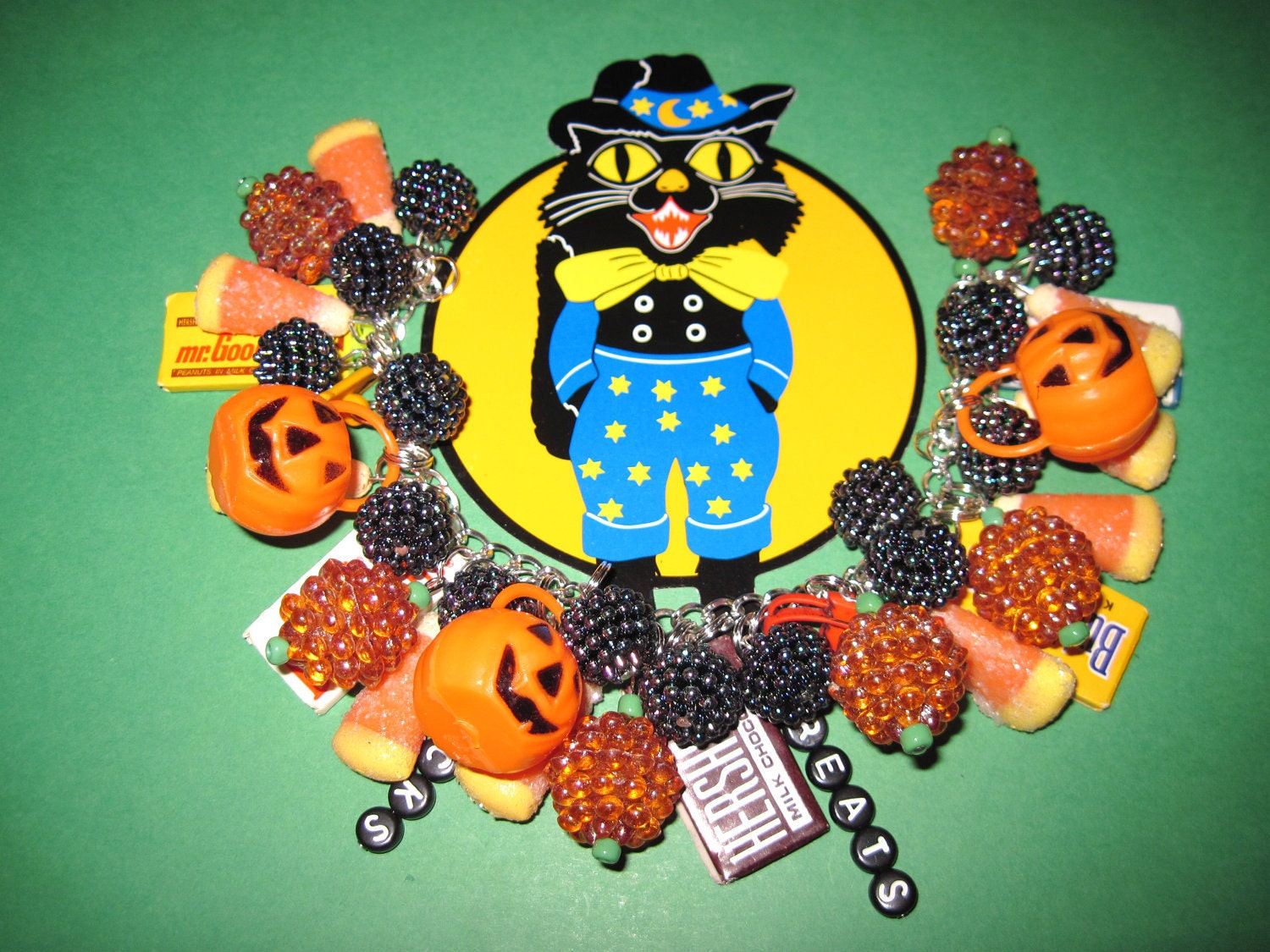 Halloween Candy Charm Bracelet OOAK Vintage Style Jewelry Sweet Candy Corn Chocolate Bars Treat Baskets Chunky Fun Statement Piece