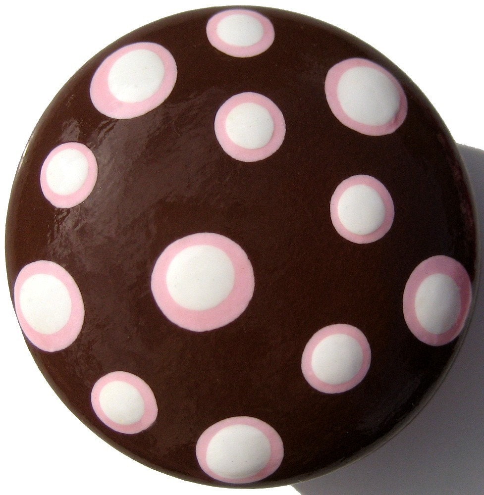 Chocolate Polka Dots Drawer Knob, Hand Painted Brown, Pink and White Drawer Pull