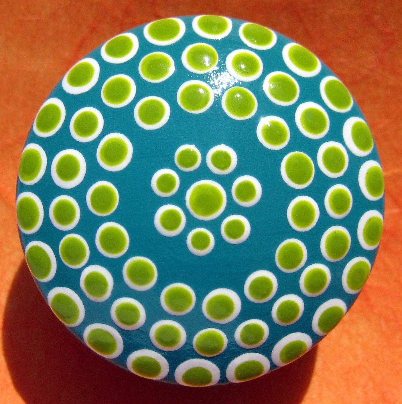 Dotted Aqua Green and Lime Green and White Hand Painted Drawer Knob