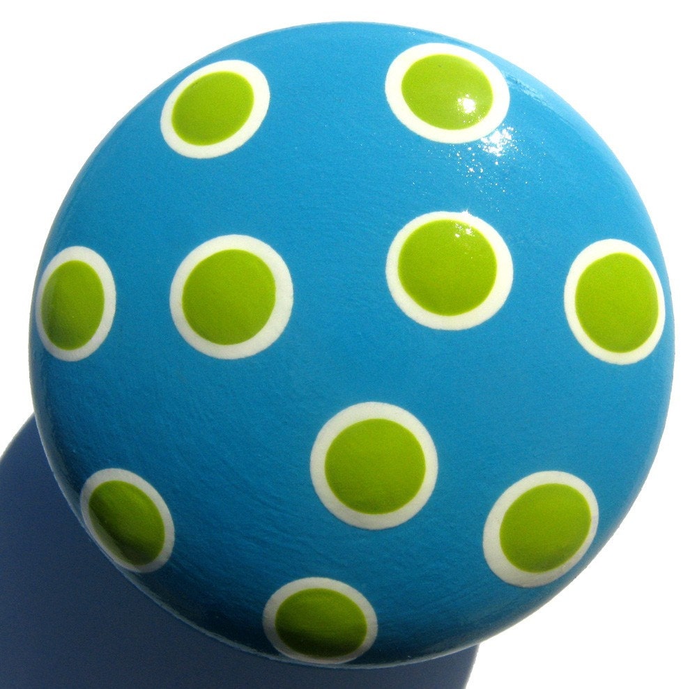 Hand Painted Breezy Blue Polka Dots Drawer Knob, Turquoise and Lime Green Spots