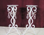 Shabby Chic Cottage White Wedding Table Candle Holders with Prisms