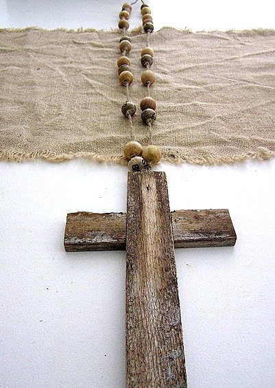 Hand Strung Large Vintage Wood Beads Bingo Balls Burlap Twine Rosary Barn Wood Cross