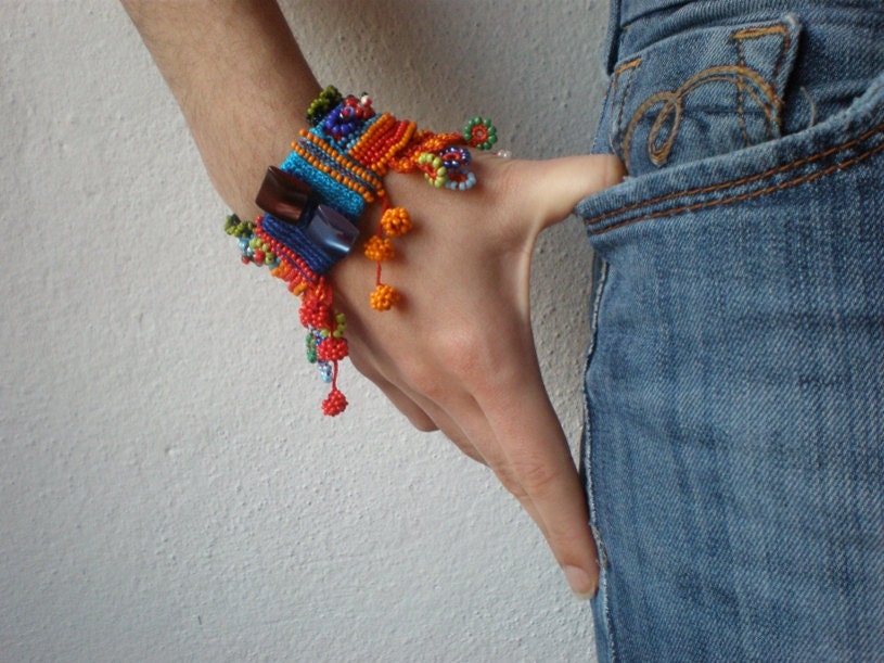 Fuchsia Magdalenae ... Freeform Crochet Cuff - Flowers - Orange Red Blue Lime