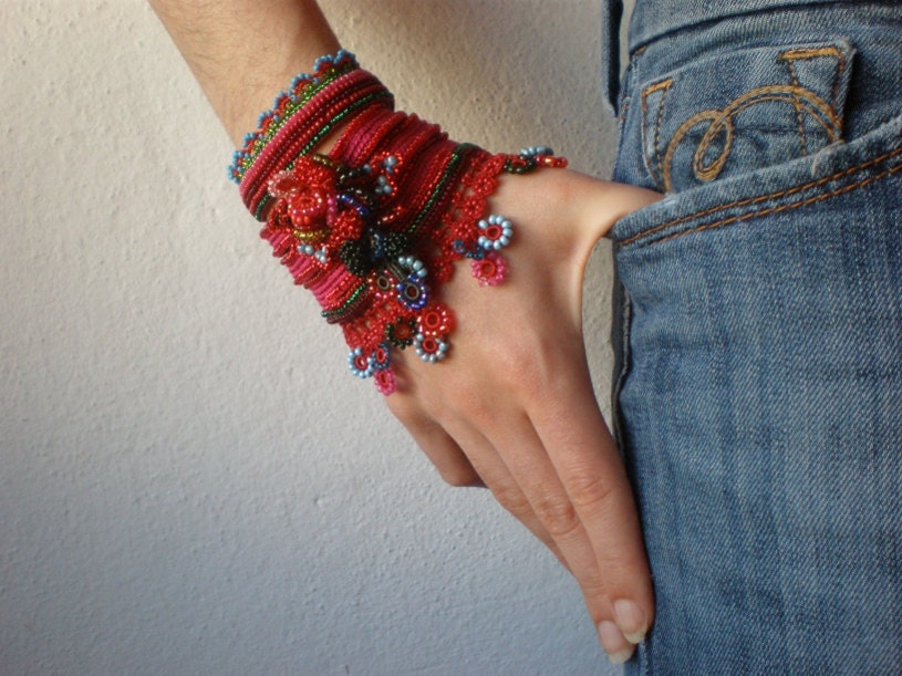 Alcea Heldreichii ... Freeform Crochet Cuff - Flowers - Magenta Pink Green Blue