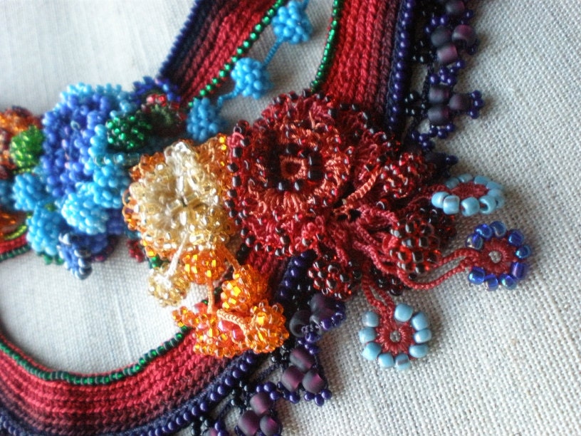 Corydalis Flexuosa ... Freeform Beaded Crochet Necklace - Flowers - Red Burgundy Blue Persimmon