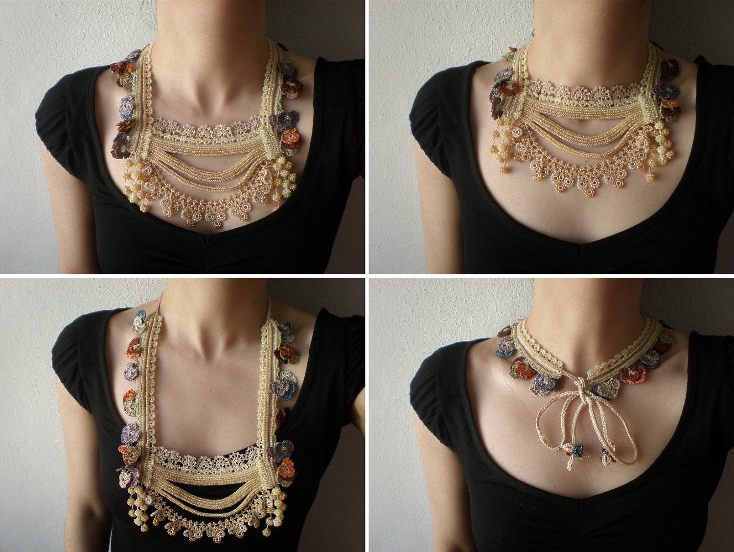 Primula Vulgaris ... Beaded Crochet Necklace - Cream Beige