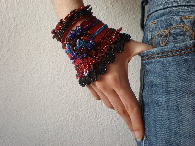 Abutilon Listeri ... Freeform Crochet Cuff - Flowers - Cardinal Red Black Blue Indigo