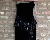 Vintage Black Velvet Lace Rhinestone Cocktail Dress