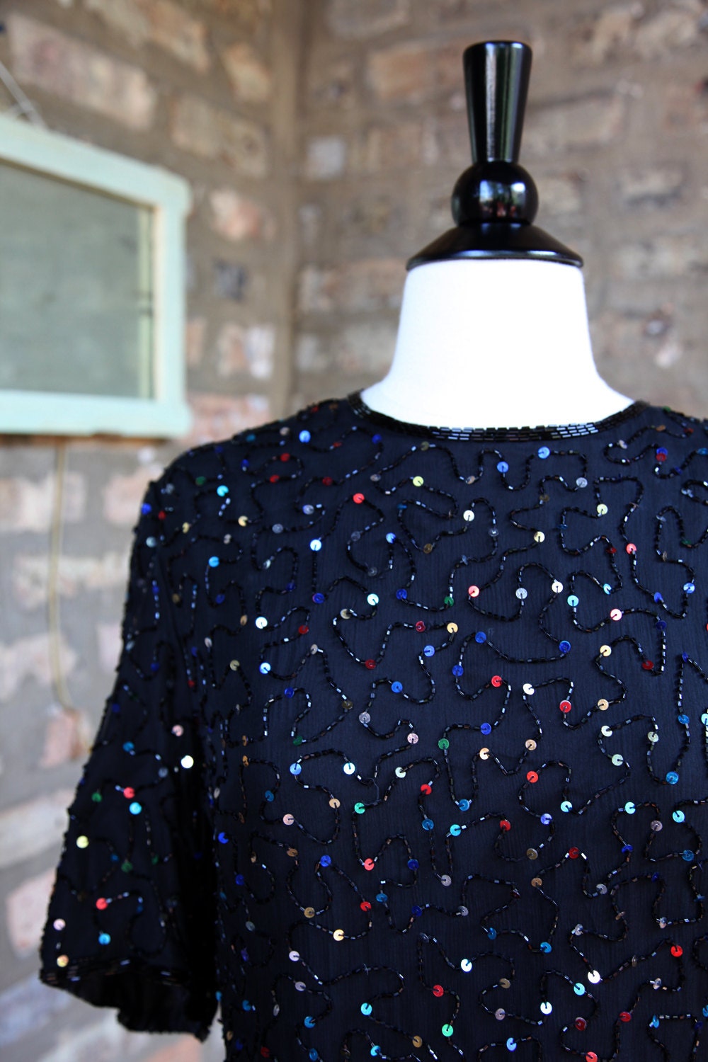 Vintage 80s Denise Elle Black Multi Color Sequin Dress