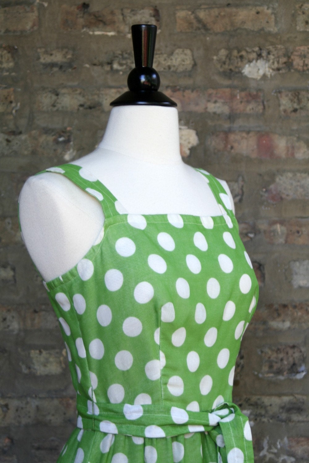 Vintage 70s Dress / Huey Waltzer Green White Polka Dot Maxi Dress