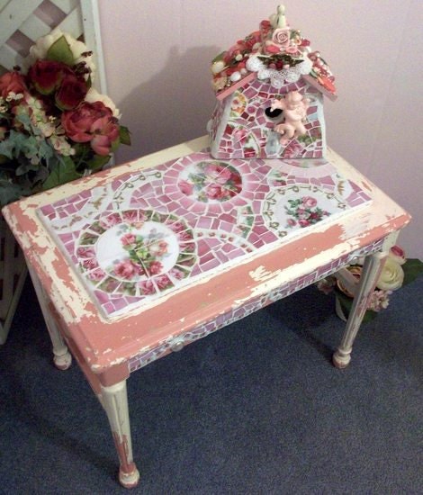 Shabby Chic Cottage Pink & White Bench Stool or Coffee Table