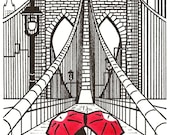New York Love gocco art print- Brooklyn Bridge