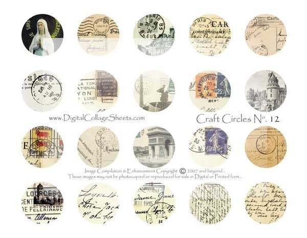 Instant Download  French Postcard Collage Sheet  1.5 Inch Circles DigitalCollageSheets DCS-168, Printables, Downloads