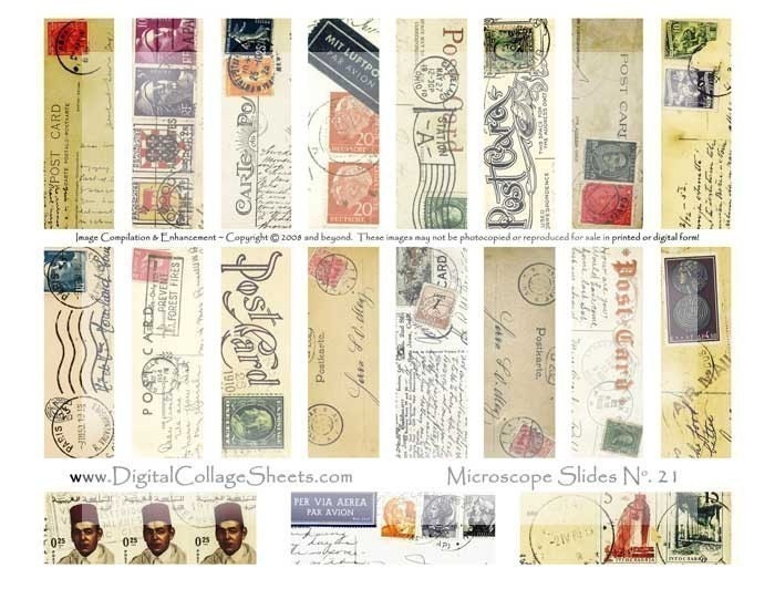 Instant Download 1 inch x 3 inch Digital Collage Sheet Vintage Postcard Microscope Slide Collage Sheet DCS-184   Printables, Downloads