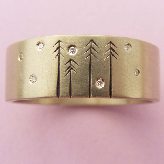 Wedding Band 14ct Gold and Diamond with Pine Trees