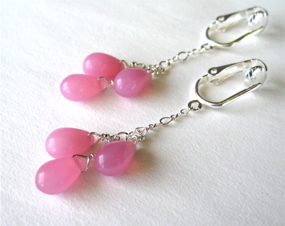 Cotton Candy Pink Clip On Earrings, Silver Ear Clips, Milky Pink Teardrop Dangle Clipons