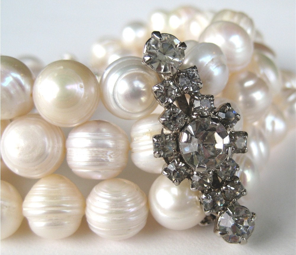 3 Strand Pearl Bracelet Silver, Vintage Rhinestone, Bridal, Handmade, Jillian