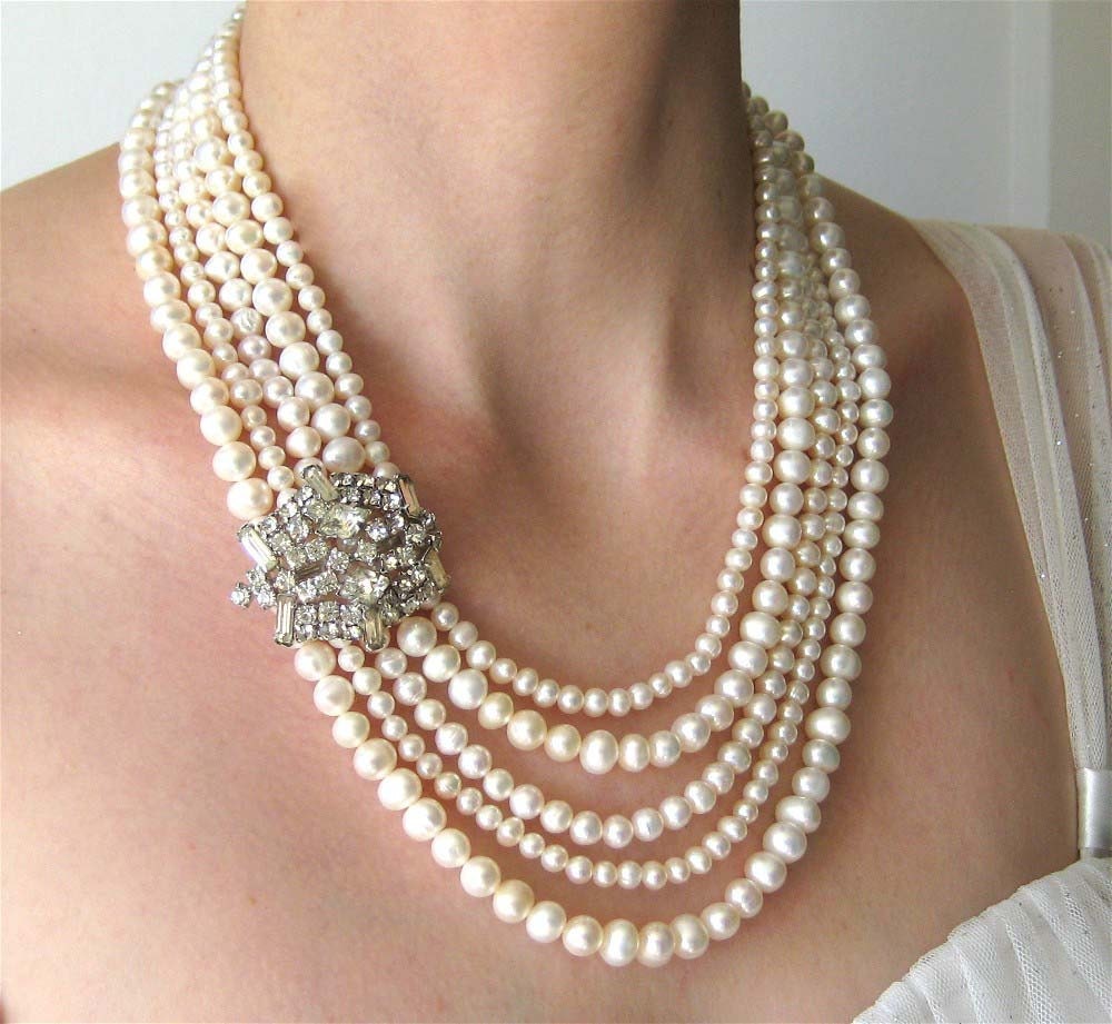 Five Strand Pearl Wedding Necklace, Vintage Rhinestone, Silver, Handmade, Opulent Bride